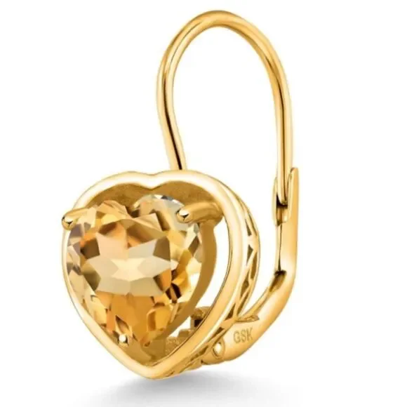 18K Yellow Gold 925 2.00 Cttw 7MM Yellow Citrine Heart Leverback Drop Earrings